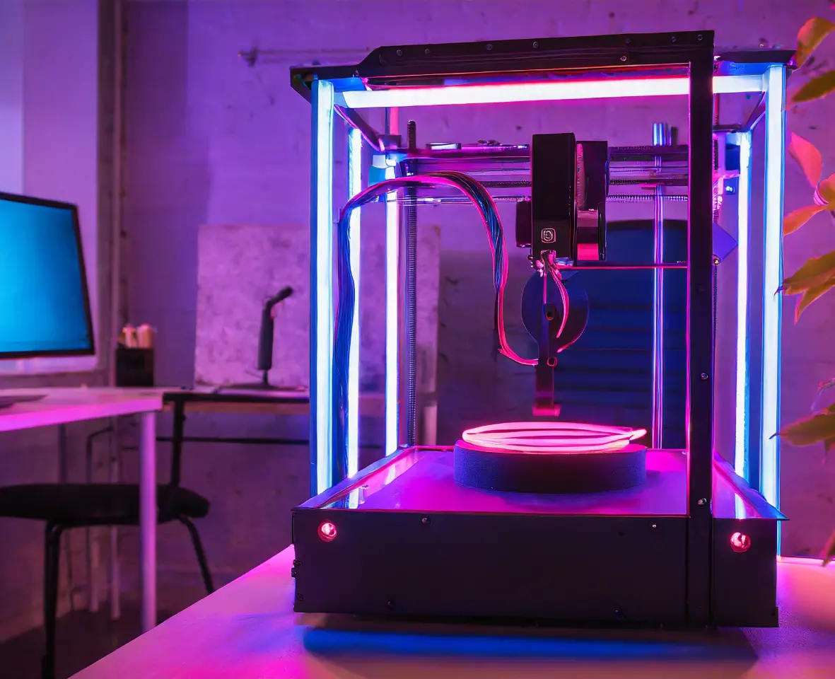 3d Raptor Hero Image of a 3d printer with neon glow